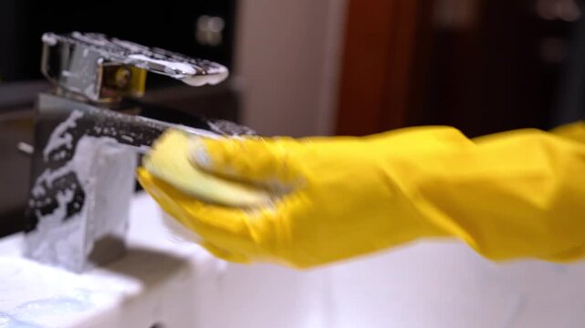 Hands in yellow gloves cleaning sink and faucet with sponge and foam. Household hygiene, sanitation and cleaning routine concept, close-up. 