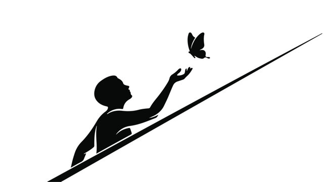 Child silhouette reaches toward a flying butterfly in this artistic design concept.