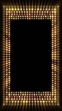 Bright golden bulb lights forming rectangular stage frame on dark background retro show ambience, for award presentations, stage backdrops, product showcases, event promos or cinematic intro scenes