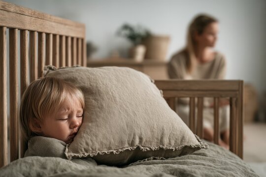 Young child with blonde hair sleeping peacefully on a pillow in a wooden crib, soft bedding and a blurred adult figure in the background of a cozy room
