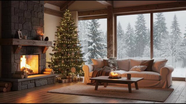 Cozy living room with decorated Christmas tree and fireplace overlooking snowy winter landscape