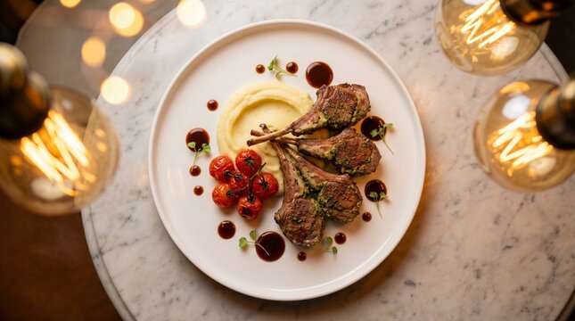 American Fine Dining Dinner Rack of Lamb with Herb Crust, Dijon, Pommes Puree and Roa