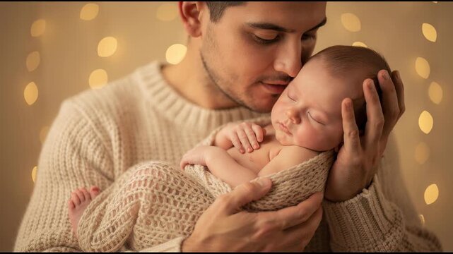Tender father holding sleeping newborn baby wrapped in cozy blanket with warm glowing lights background