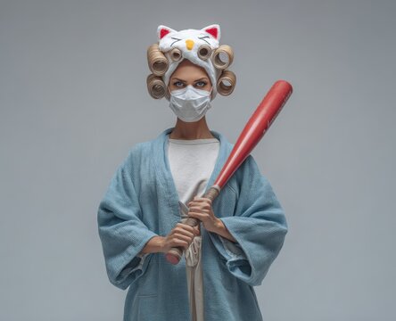 Female figure wearing a cat-themed headband and face mask holds a baseball bat, dressed in a blue robe against a plain gray background