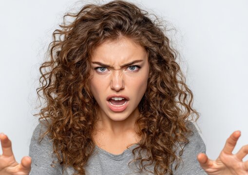 Young woman with curly brown hair expressing anger, wearing a gray shirt, with hands extended forward against a plain white background