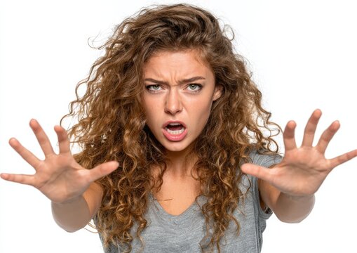 Female with curly hair expressing anger and frustration, hands extended forward, wearing a gray t-shirt against a plain white background