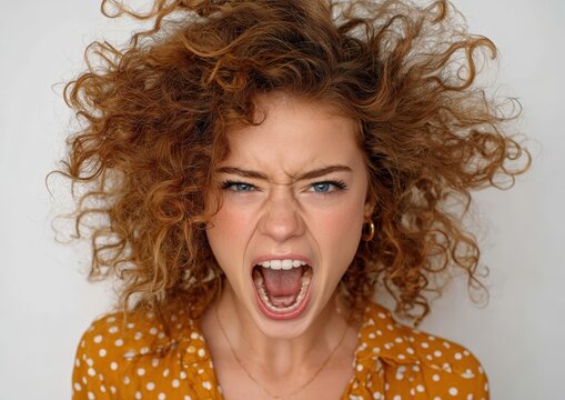 Young woman with curly hair wearing a yellow polka dot shirt screams with an intense expression against a plain white background