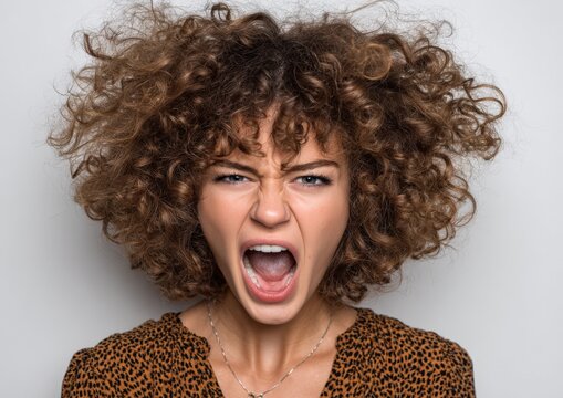 Young woman with curly hair wearing a leopard print top expresses intense emotion with an open mouth against a plain background