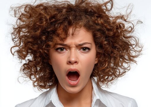 Young woman with curly hair expressing anger, mouth open in a shout, wearing a white shirt against a plain white background