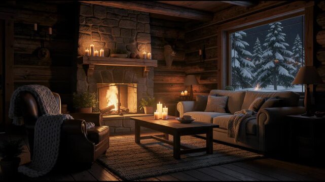 Cozy rustic cabin living room with fireplace glowing and snowy winter forest view through large window