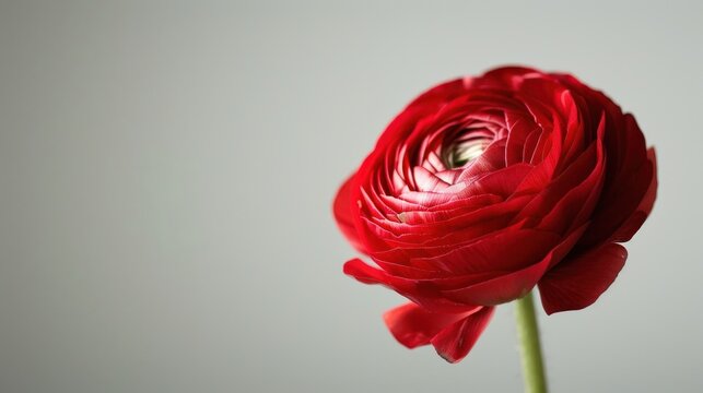 A vibrant red flower, likely a ranunculus, stands alone against a neutral grey background. The image captures the essence of nature's beauty and the delicate artistry of the flower's petals.