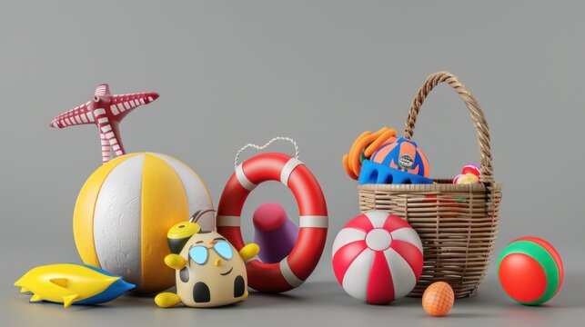 A collection of beach-themed items including a beach ball, life buoy, basket, and colorful balls, all arranged against a neutral gray background, evoking a playful and summery atmosphere.