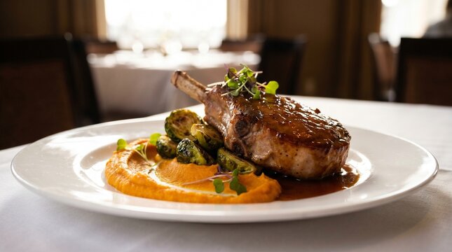 American Fine Dining Dinner Thick-cut Pork Chop with Apple Bourbon Glaze, Roasted Bru