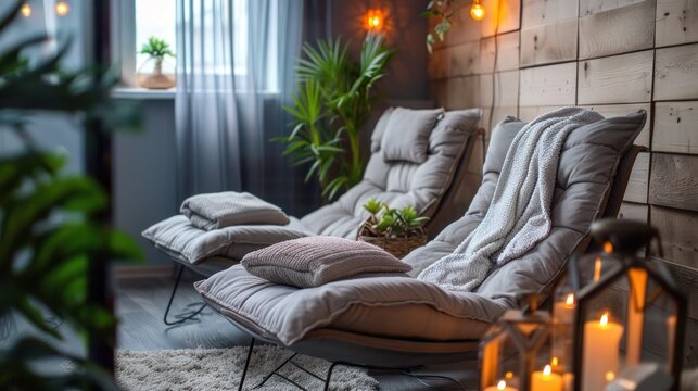 A cozy, modern living room scene featuring a plush, gray armchair adorned with soft pillows and a wooden, textured wall.  