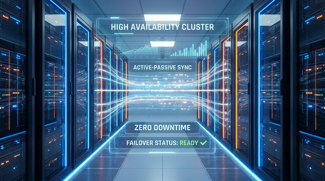 Modern Data Center Server Room with High Availability Cluster and Failover Status Digital Interface