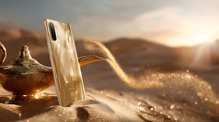 Golden smartphone in desert with magic lamp and swirling sand.