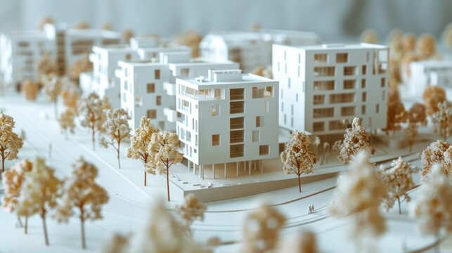 A miniature model of an urban residential area, featuring snow-covered buildings and leafless trees, set against a wintry sky.  