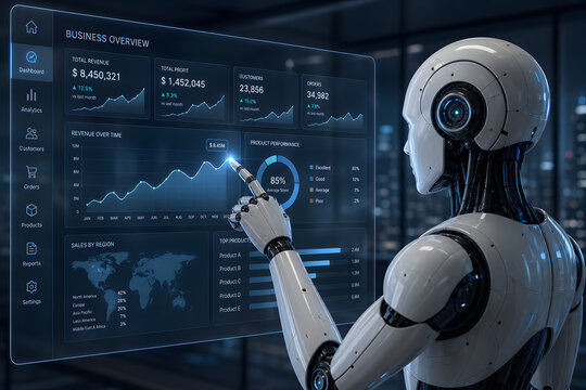 AI Business Analyst: A sleek robot, representing the future of business intelligence, interacts with a holographic display showcasing data-driven insights and analytics.