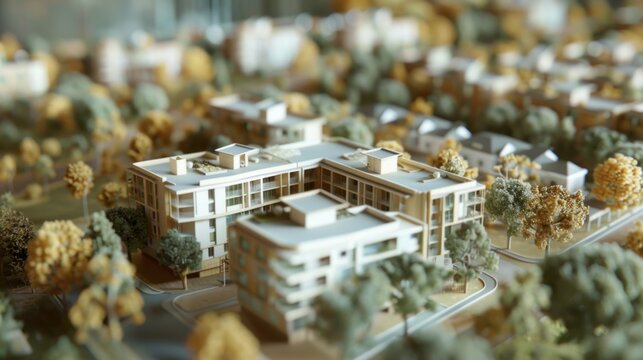 A detailed model of a modern building surrounded by dense, autumnal foliage. The scene is likely a conceptual representation of urban development amidst nature.