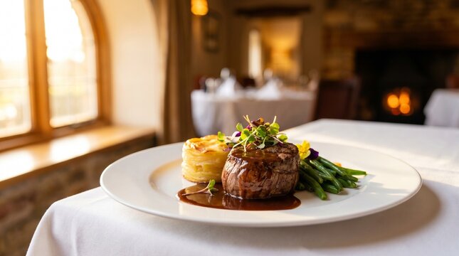 American Fine Dining Dinner Roasted Beef Tenderloin Medallions with Bordelaise Sauce,