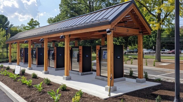 A wooden shelter with a metal roof, situated in a park-like setting, showcasing a serene and natural ambiance.  