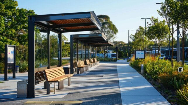 A serene park pathway lined with wooden benches under a metal canopy. 
