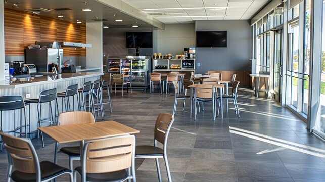 A modern cafeteria with wooden tables and chairs, large windows, and wooden walls. The space is empty, showcasing a clean and organized layout with a focus on functionality and design.