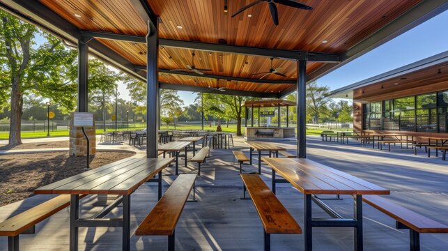 An outdoor picnic area under a wooden canopy, featuring wooden benches and tables arranged for dining.  