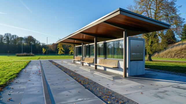A modern bus stop shelter in a rural setting, with wooden benches and a glass wall, surrounded by green grass and trees, under a clear blue sky, showcasing a tranquil scene.