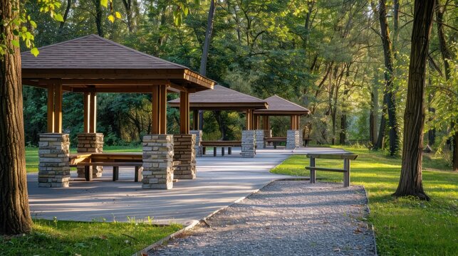 A serene park scene featuring wooden picnic shelters surrounded by lush greenery and trees. The pathway is paved with stone, leading towards a tranquil setting with benches and a wooden gazebo.