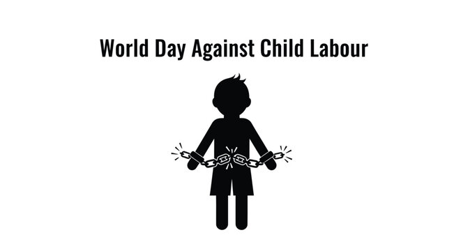 World day against child labor vector graphic illustration showing broken chains around a child silhouette