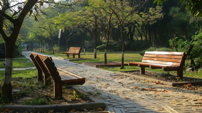 A serene park pathway lined with wooden benches, surrounded by lush greenery and trees, bathed in soft morning light, evoking a peaceful and tranquil atmosphere.
