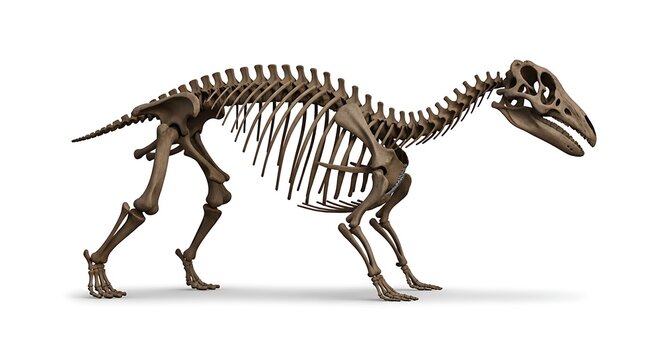 Detailed scientific illustration of a complete dinosaur skeleton on a white background.