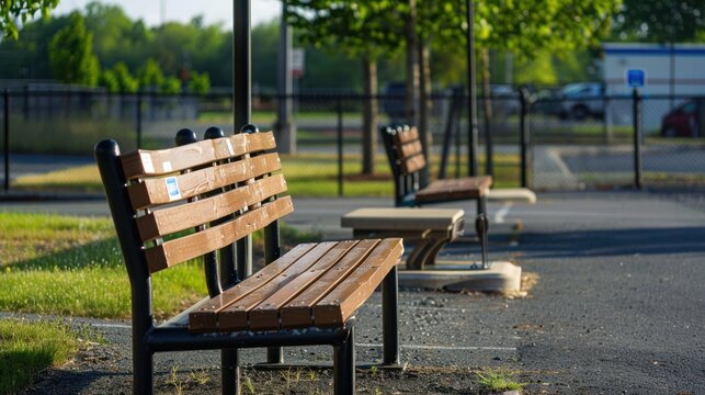 A wooden bench sits in a grassy area, bathed in sunlight.
