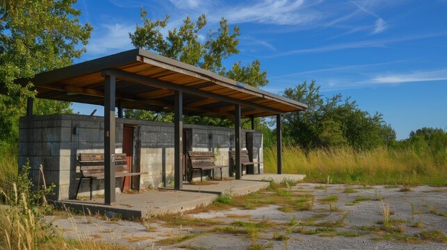 An abandoned wooden structure sits in a desolate field, under a clear blue sky.  