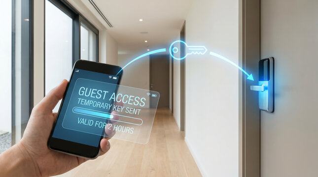 Smart home digital keyless entry system with temporary guest access on smartphone
