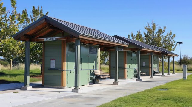 A serene outdoor scene featuring a row of green wooden shelters under a clear blue sky,  