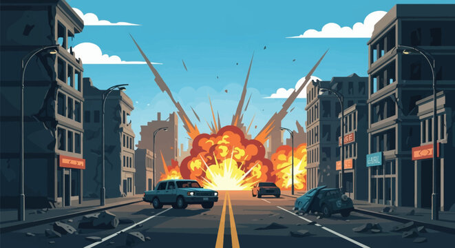 Flat vector illustration of a massive explosion in a destroyed urban city center with damaged apartment buildings, derelict cars on a debris-covered road, and bright fire clouds.
