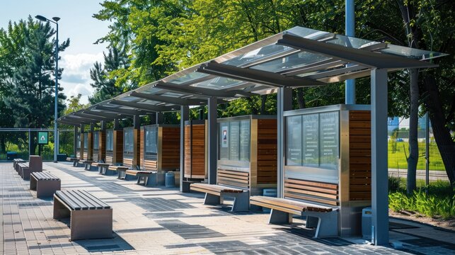 A modern bus stop shelter with wooden benches and glass panels, set in a serene park with trees and a clear sky, showcasing a tranquil urban scene.
