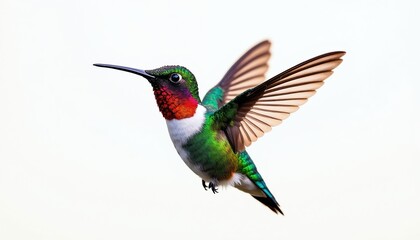 Fototapeta premium Ruby throated hummingbird hovers mid air. Tiny bird has green feathers and red throat. Wings outstretched, it flies gracefully against clean white background.