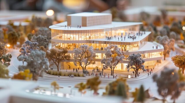 A miniature model of a modern building, possibly a library or a museum, illuminated with warm lights. The structure is surrounded by trees and a snowy landscape, suggesting a winter setting.  