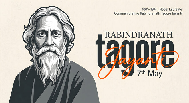 Vintage portrait illustration of Rabindranath Tagore with commemorative text and date