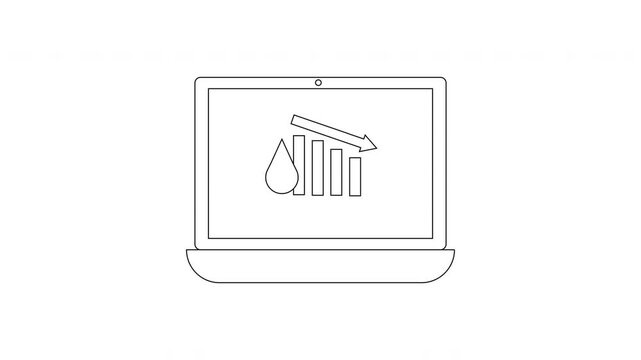 Laptop Screen Displays Bar Chart with Downward Trend Arrow and Water Drop Icon.