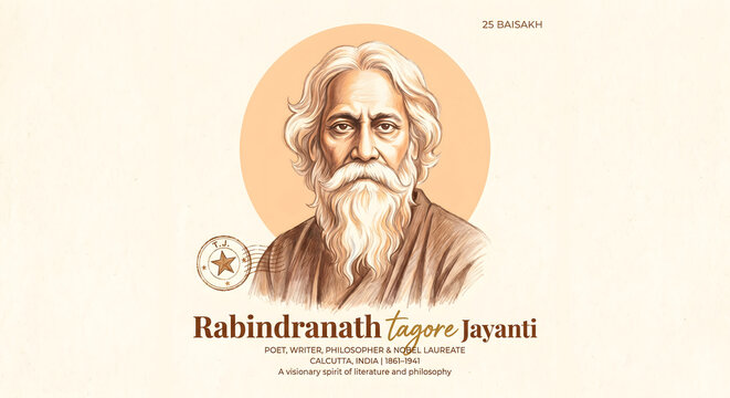 Vintage Rabindranath Tagore portrait illustration for cultural celebration and education