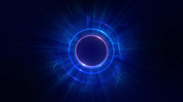 Glowing blue particle circle background. Futuristic energy ring sparkling dust light dots, abstract technology, sci-fi portal or digital wave effect modern visuals digital presentation effect backdrop