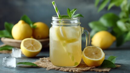 Fototapeta premium Refreshing Lemonade in a Glass Jar with Fresh Lemons and Mint Leaves on a Rustic Background