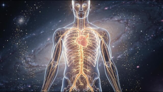 Human nervous system anatomy with glowing heart and cosmic galaxy background medical illustration
