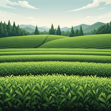 Vector illustration of a lush green tea plantation with rolling hills, terraced rows of matcha plants, and a backdrop of pine trees and distant mountains under a clear sky.
