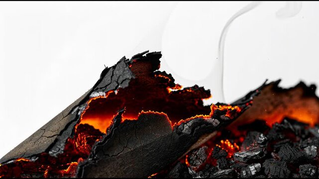 Close up of glowing hot charcoal embers with burnt black ash and orange flames background