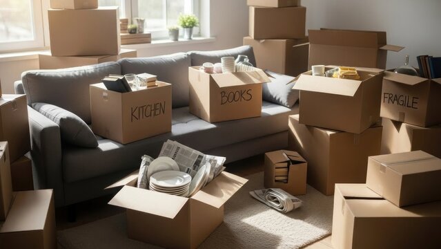 A cluttered living room with a gray couch surrounded by numerous cardboard boxes of various sizes, some labeled